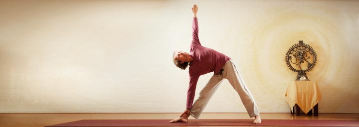 Yogadocent Michiel in yoga-houding Driehoek