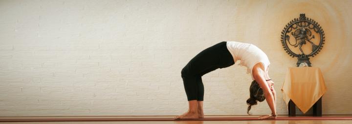 Yogadocent Mirjam in yogahouding het Wiel